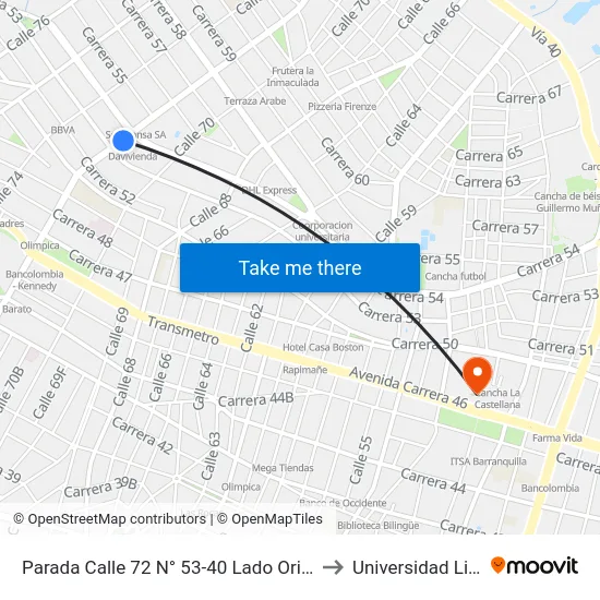 Parada Calle 72 N° 53-40 Lado Oriental to Universidad Libre map
