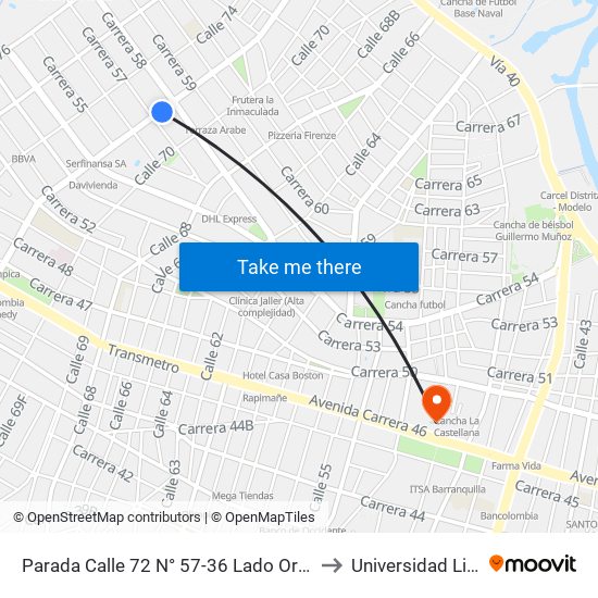 Parada Calle 72 N° 57-36 Lado Oriental to Universidad Libre map