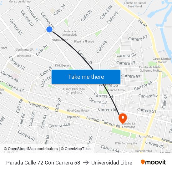 Parada Calle 72 Con Carrera 58 to Universidad Libre map