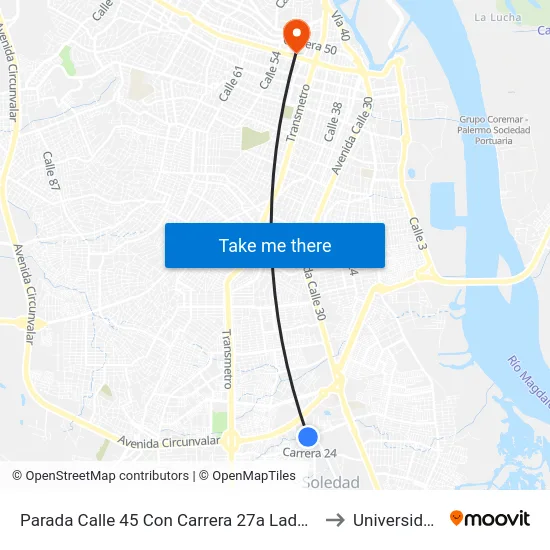 Parada Calle 45 Con Carrera 27a Lado Occidental Soledad to Universidad Libre map