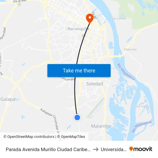 Parada Avenida Murillo Ciudad Caribe Real Lado Oriente to Universidad Libre map