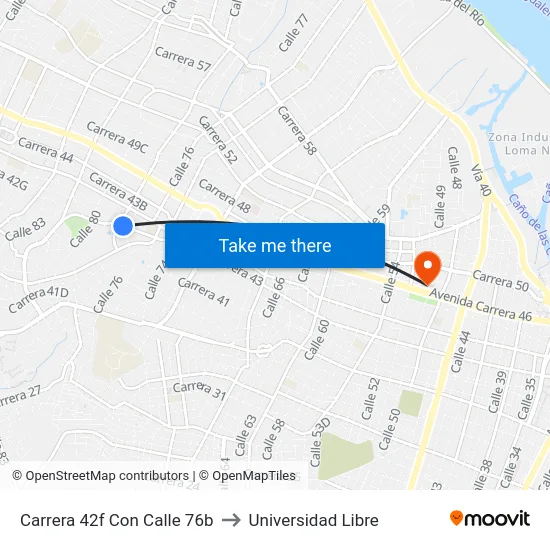 Carrera 42f Con Calle 76b to Universidad Libre map