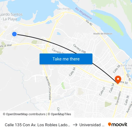 Calle 135 Con Av. Los Robles Lado Oriental to Universidad Libre map
