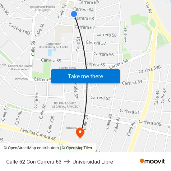 Calle 52 Con Carrera 63 to Universidad Libre map