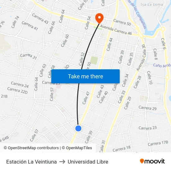 Estación La Veintiuna to Universidad Libre map