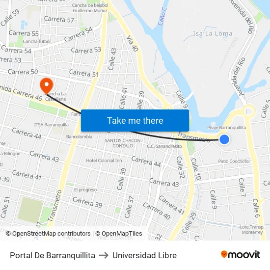 Portal De Barranquillita to Universidad Libre map