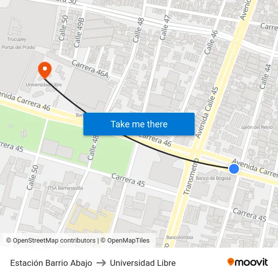 Estación Barrio Abajo to Universidad Libre map