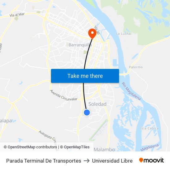 Parada Terminal De Transportes to Universidad Libre map