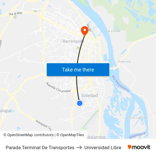 Parada Terminal De Transportes to Universidad Libre map