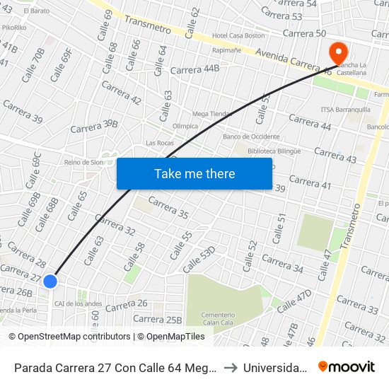 Parada Carrera 27 Con Calle 64 Megamas Lado Sur to Universidad Libre map