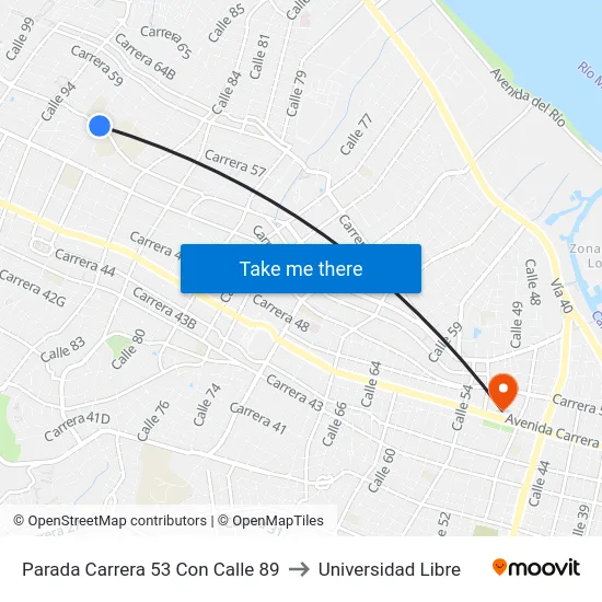 Parada Carrera 53 Con Calle 89 to Universidad Libre map
