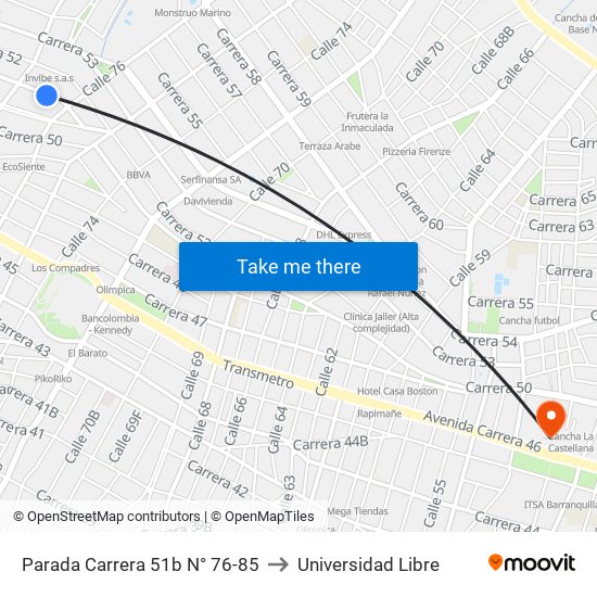 Parada Carrera 51b N° 76-85 to Universidad Libre map