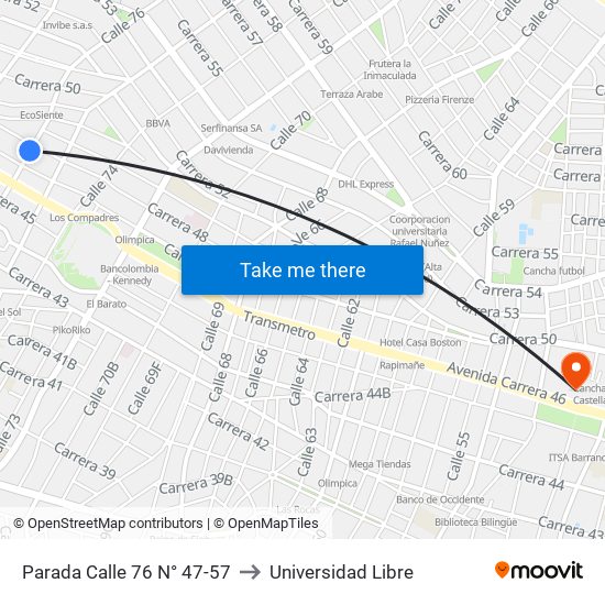Parada Calle 76 N° 47-57 to Universidad Libre map