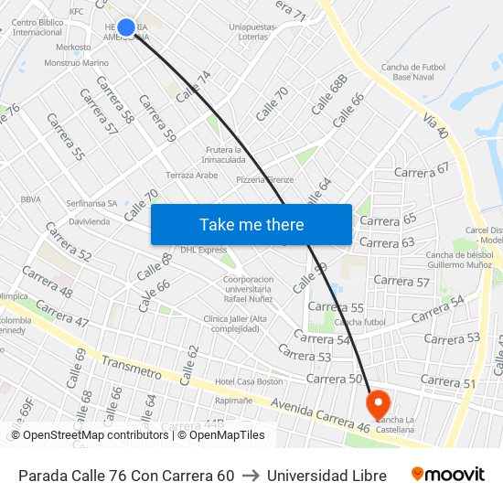 Parada Calle 76 Con Carrera 60 to Universidad Libre map