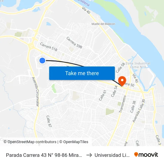 Parada Carrera 43 N° 98-86 Miramar to Universidad Libre map