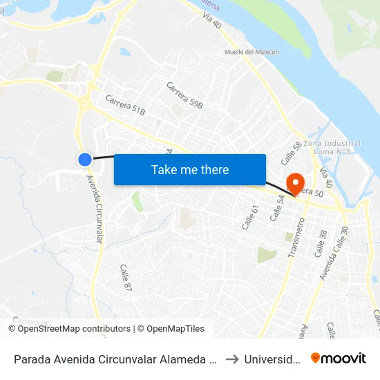Parada Avenida Circunvalar Alameda Del Rio Lado Oriental to Universidad Libre map
