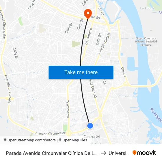 Parada Avenida Circunvalar Clínica De La Policía Regional Caribe Lado Sur to Universidad Libre map