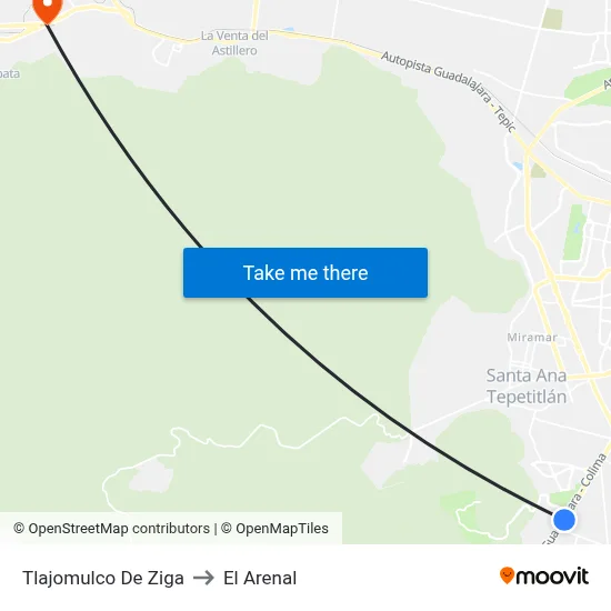 Tlajomulco De Ziga to El Arenal map