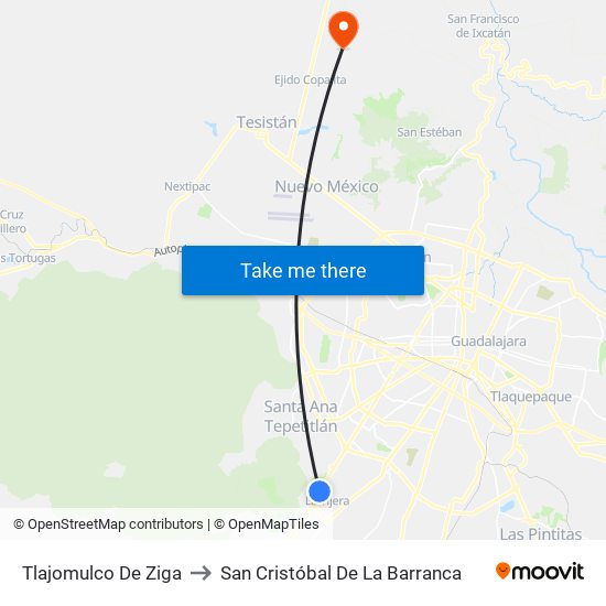 Tlajomulco De Ziga to San Cristóbal De La Barranca map