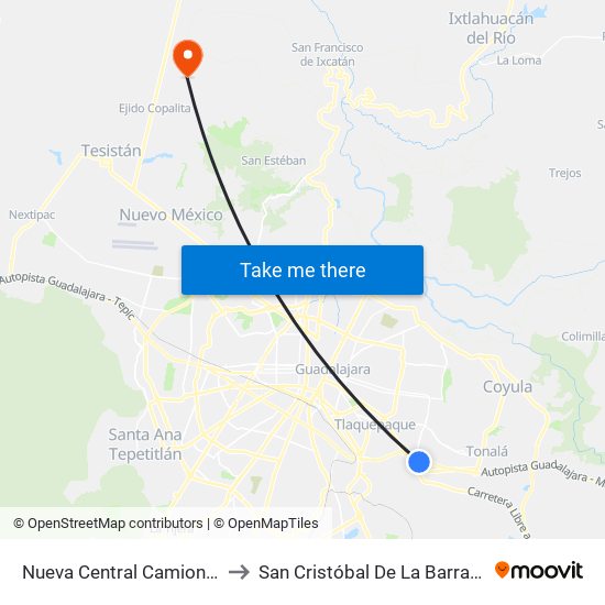 Nueva Central Camionera to San Cristóbal De La Barranca map