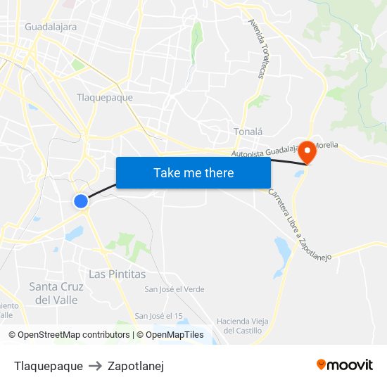 Tlaquepaque to Zapotlanej map