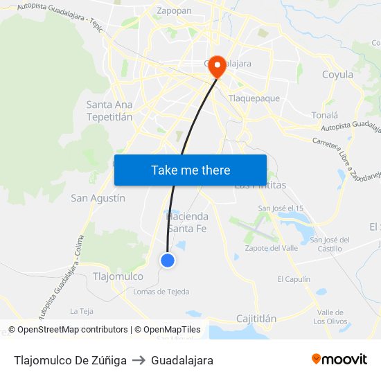 Tlajomulco De Zúñiga to Guadalajara map