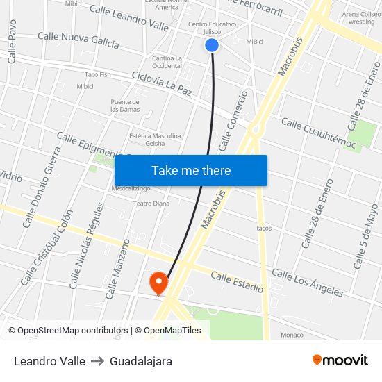 Leandro Valle to Guadalajara map