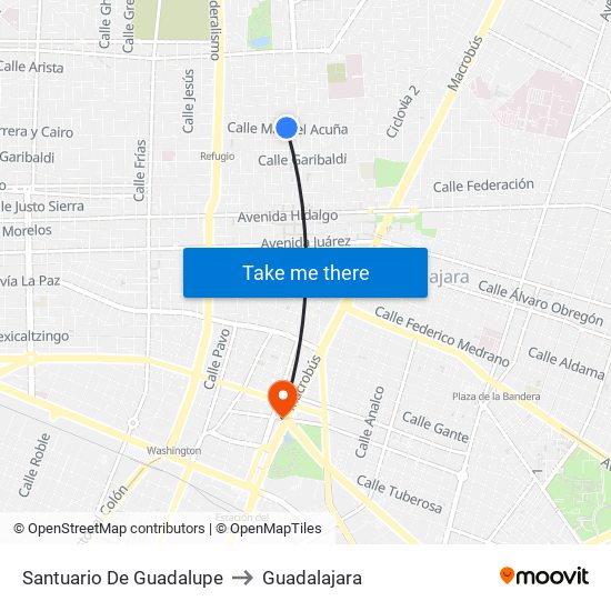 Santuario de Guadalupe to Guadalajara map