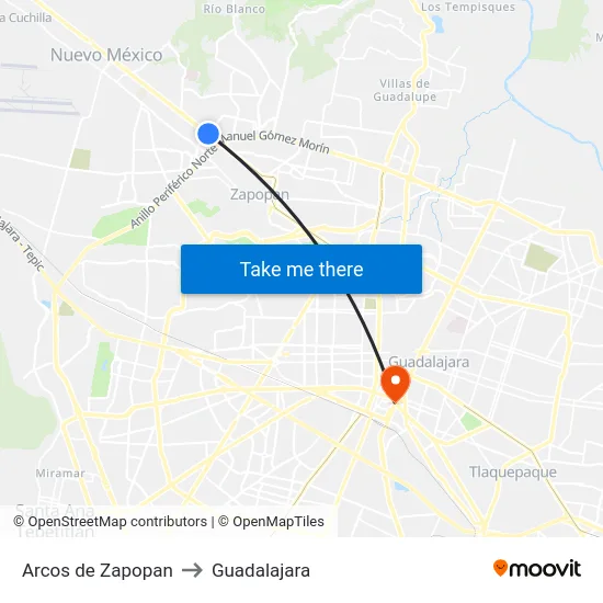Arcos de Zapopan to Guadalajara map