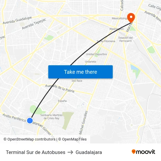 Terminal Sur de Autobuses to Guadalajara map