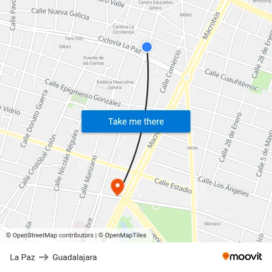 La Paz to Guadalajara map