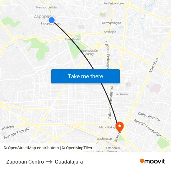 Zapopan Centro to Guadalajara map