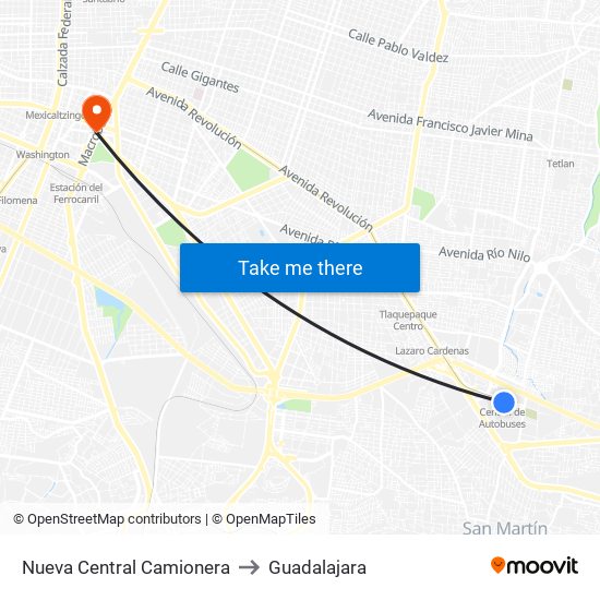 Nueva Central Camionera to Guadalajara map