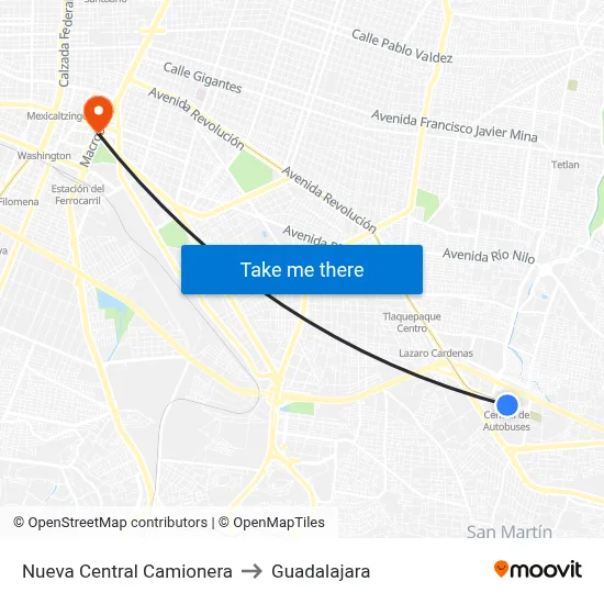 Nueva Central Camionera to Guadalajara map