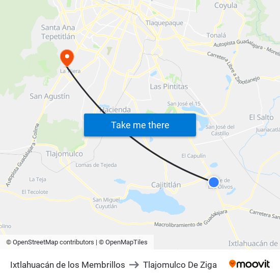 Ixtlahuacán de los Membrillos to Tlajomulco De Ziga map