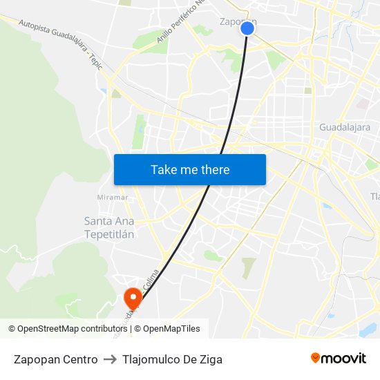 Zapopan Centro to Tlajomulco De Ziga map