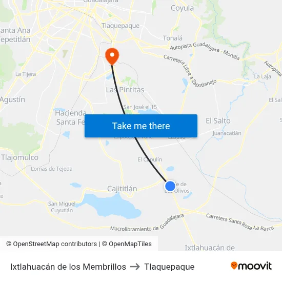 Ixtlahuacán de los Membrillos to Tlaquepaque map