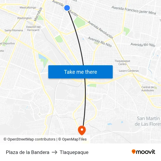 Plaza de la Bandera to Tlaquepaque map
