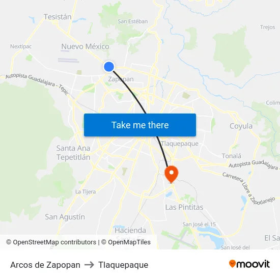 Arcos de Zapopan to Tlaquepaque map
