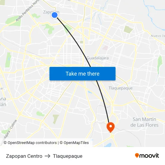 Zapopan Centro to Tlaquepaque map