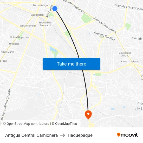 Antigua Central Camionera to Tlaquepaque map