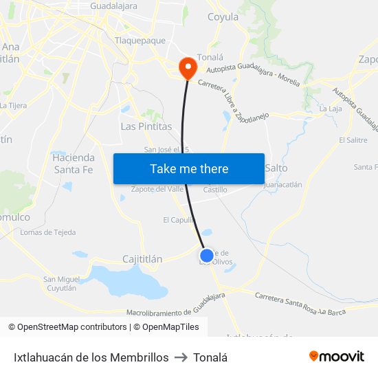 Ixtlahuacán de los Membrillos to Tonalá map