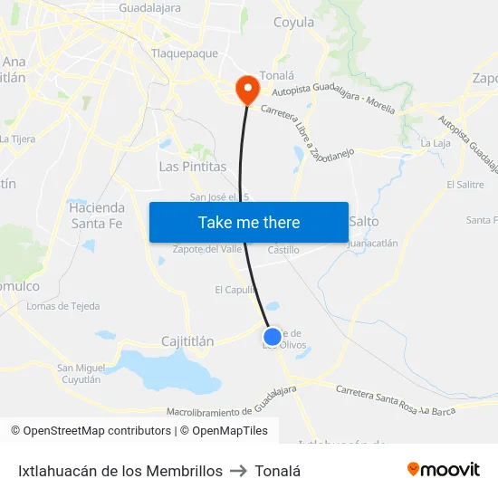 Ixtlahuacán de los Membrillos to Tonalá map
