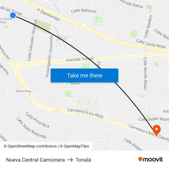 Nueva Central Camionera to Tonalá map