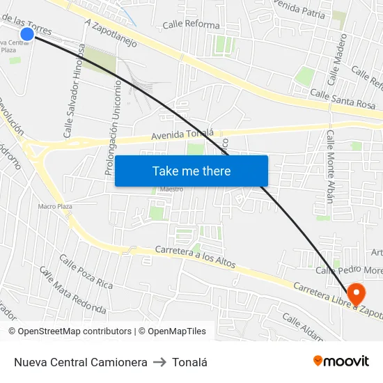 Nueva Central Camionera to Tonalá map
