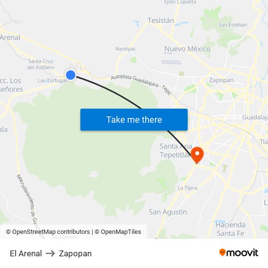 El Arenal to Zapopan map