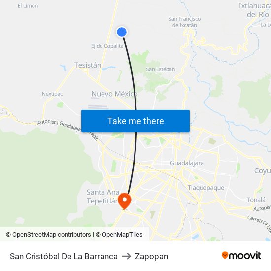 San Cristóbal De La Barranca to Zapopan map