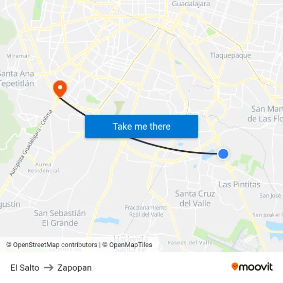 El Salto to Zapopan map