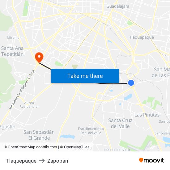 Tlaquepaque to Zapopan map