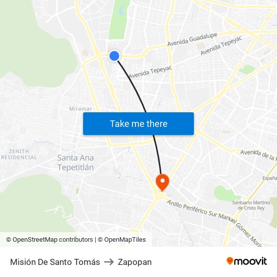 Misión De Santo Tomás to Zapopan map